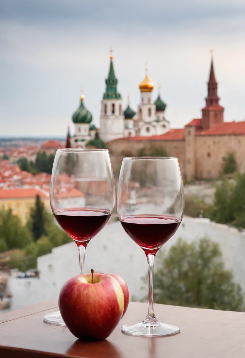 O Kremlin Branco casal transando, red scenery, bitten apple, Two glasses of wine.