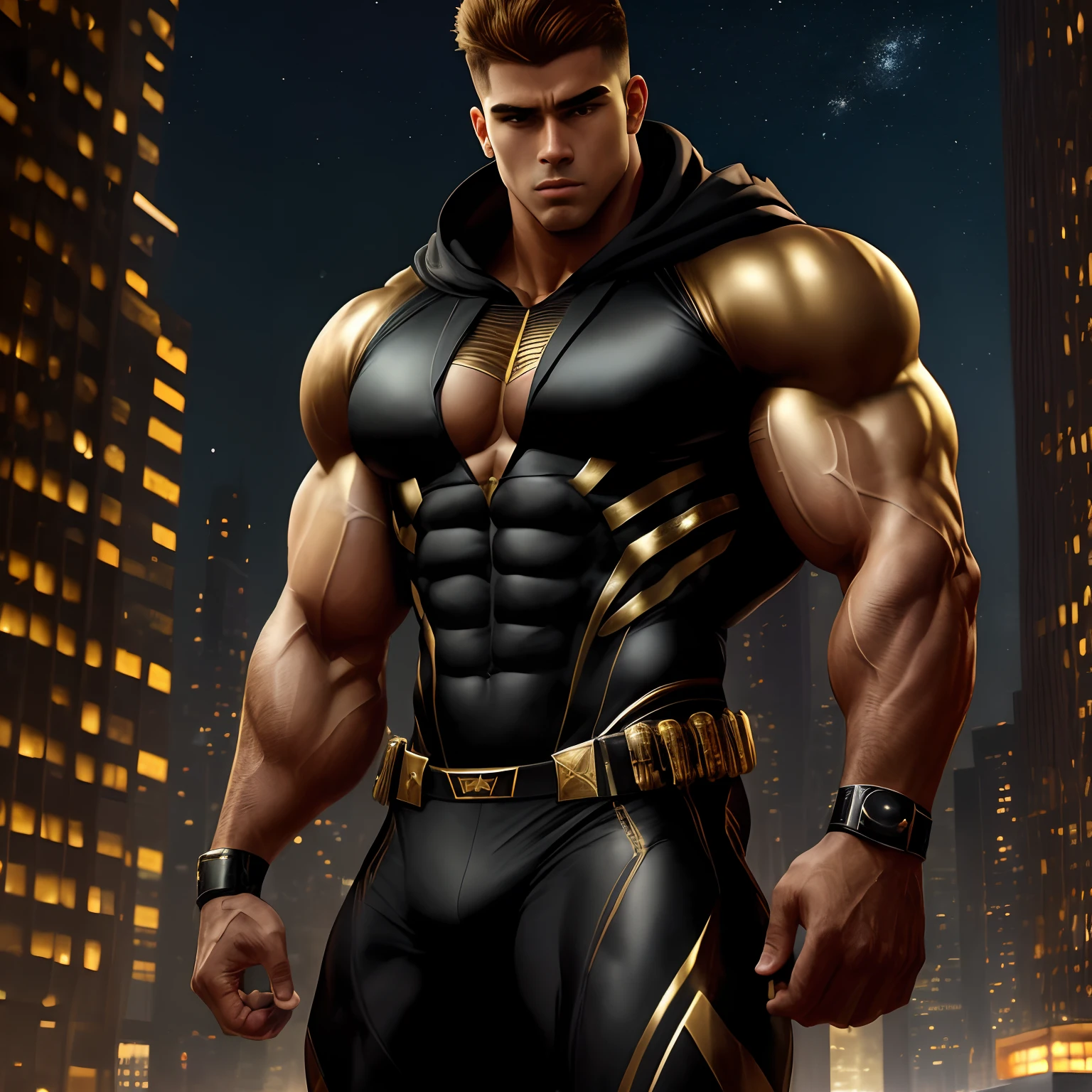 ((Extremely realistic shadows, Masterpiece, extremely detailed, photorealistic)) A ager at 18 years old (Mexican ethnicity) Carr, muscular thighs, bulging neck. Tanned skin massive muscular bodybuilder, red hair, military haircut, tight clothing, body full of muscles; ripped abs, V-shaped body, thick waist, long legs, strong arms. City background, skyscraper, futuristic city, night, stars, night lights, Superhero, hero, bodysuit, hood, hood on, massive muscles, huge pecs, chiseled ABS, huge pecs, exaggeratedly huge muscles. A young hero whose presence inspires trust and respect. (((His hero suit is black and golden)