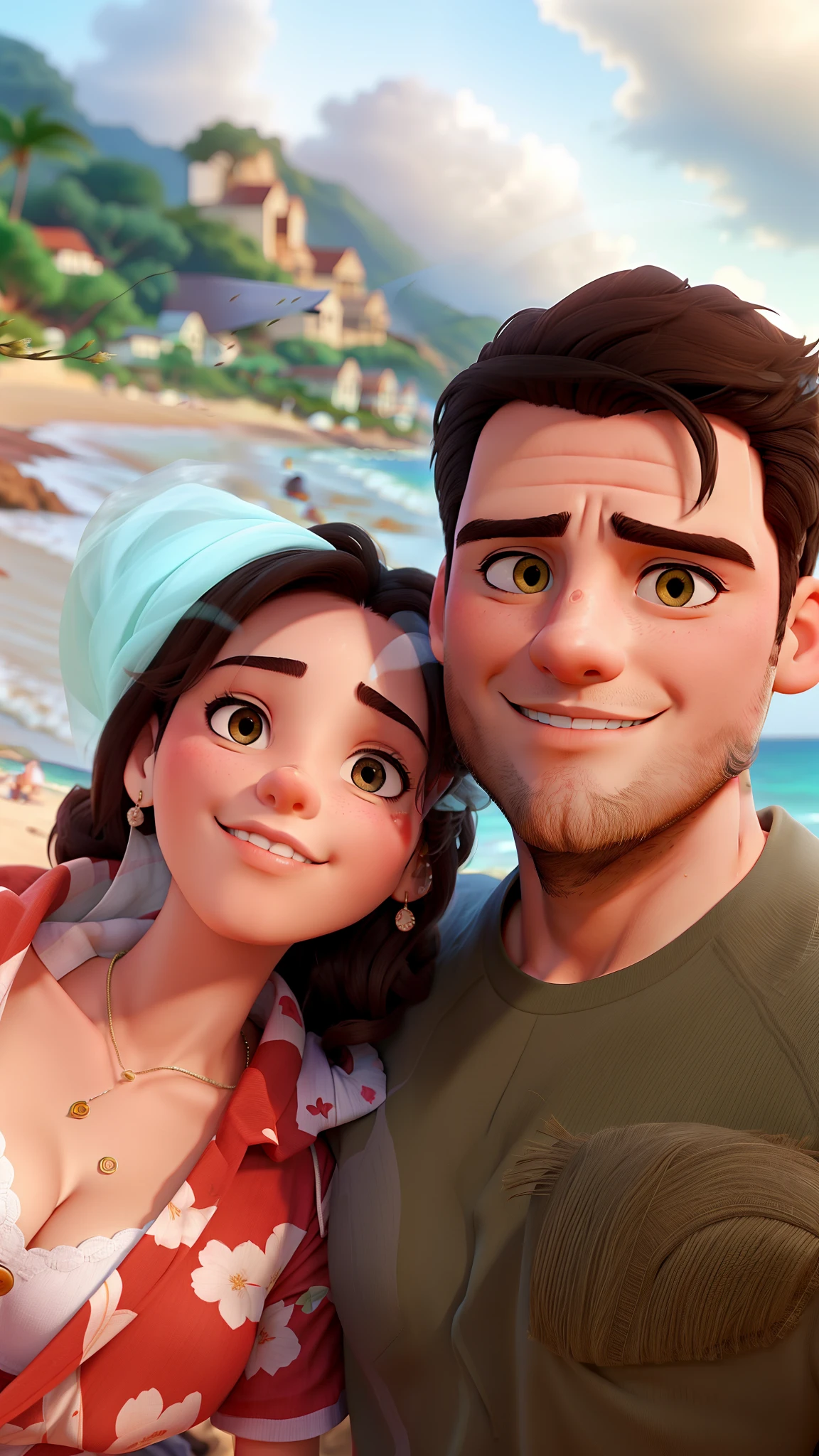 Romantic couple on the beach, homem com rosto redondo, mulher com seios pequenos