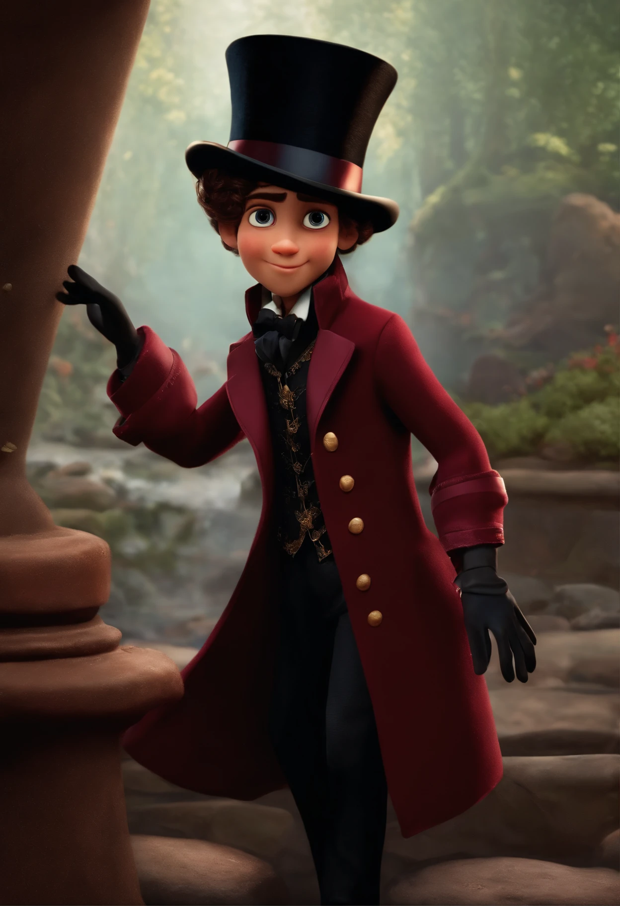 Um filme inspirado na Disney Pixar ( NEGRO JOVEM COM CABELO LONGO CACHEADO PRETO) dentro A cena estar na arte distinta do estilo PIXAR, cool and stylish WITH BURGUNDY MAGICIAN OUTFIT AND BLACK TOP HAT