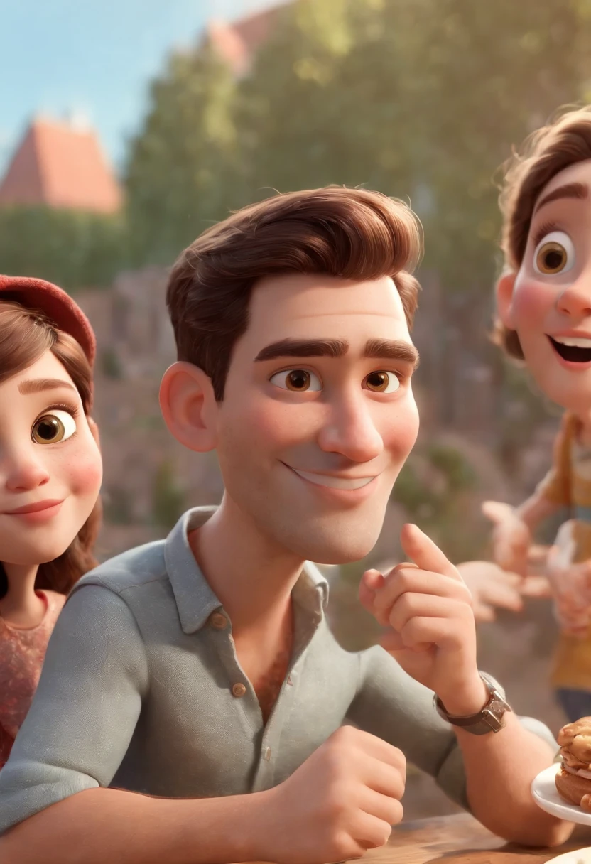 Cartoon character of several young christians wearing various types of hats and eating Happy Pastel and Jesus in the background with his arms on them Blessing at a feast, animation character, Caractere estilizado, animation style rendering, 3D estilizado, Arnold Maya render, 3 d render stylized, toon render keyshot, Personagem 3D, Personagem 3D, 3d rendering stylized, 3 d character render, personagem de desenho animado, Personagem de close up, Pose de personagem,  (Estilo Pixar) (master part:1.2) (Bokeh) (best quality) (pele detalhada) (textura detalhada) (8k) (argila) (Cinematic lighting) (foco nítido