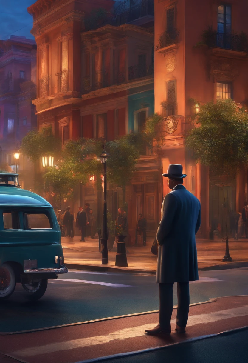 A city councilman looking at a dream project inspired by Pixar animation, estrechamente. El personaje toma el centro del escenario con expresiones faciales cautivadoras y con rostro visible, Ofreciendo un toque de irrealidad