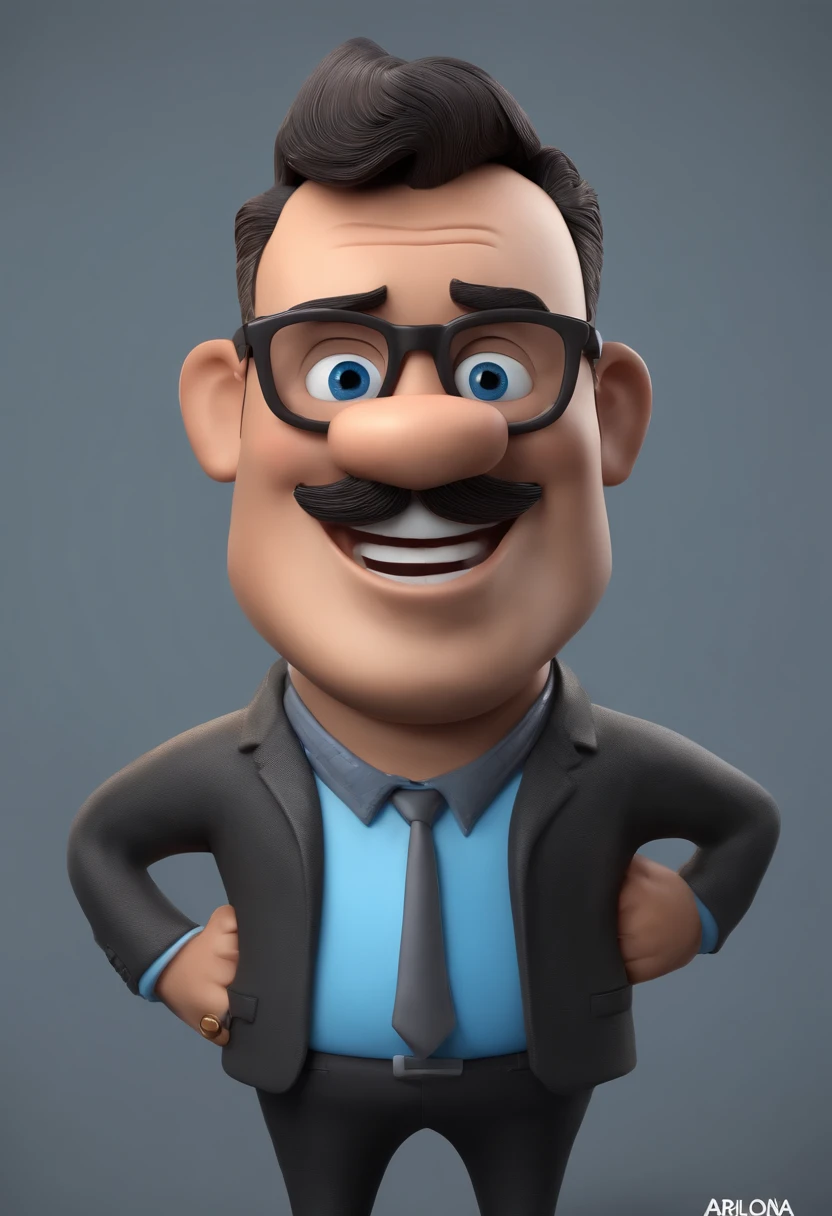 Cartoon character of a man with black glasses, careca, pele morena, aproximadamente 30 anos, sorridente e uma camisa azul, animation character, Caractere estilizado, animation style rendering, 3D estilizado, Arnold Maya render, 3 d render stylized, toon render keyshot, Personagem 3D, Personagem 3D, 3d rendering stylized, 3 d character render, personagem de desenho animado, Personagem de close up, Pose de personagem,  (Estilo Pixar) (master part:1.2) (Bokeh) (best quality) (pele detalhada) (textura detalhada) (8k) (argila) (Cinematic lighting) (foco nítido