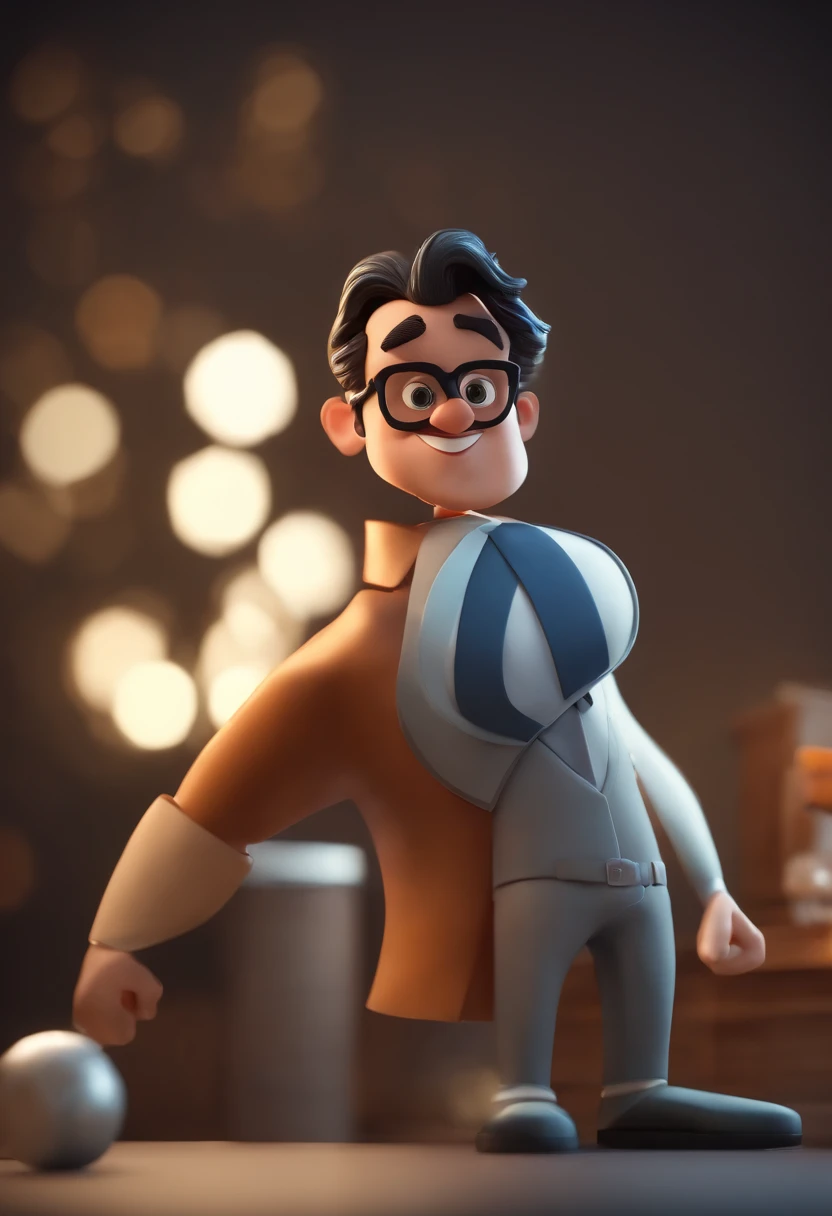 Cartoon character of a man with black glasses, careca, pele morena, aproximadamente 30 anos, sorridente e uma camisa azul, animation character, Caractere estilizado, animation style rendering, 3D estilizado, Arnold Maya render, 3 d render stylized, toon render keyshot, Personagem 3D, Personagem 3D, 3d rendering stylized, 3 d character render, personagem de desenho animado, Personagem de close up, Pose de personagem, (Estilo Pixar) (master part:1.2) (Bokeh) (best quality) (pele detalhada) (textura detalhada) (8k) (argila) (Cinematic lighting) (foco nítido