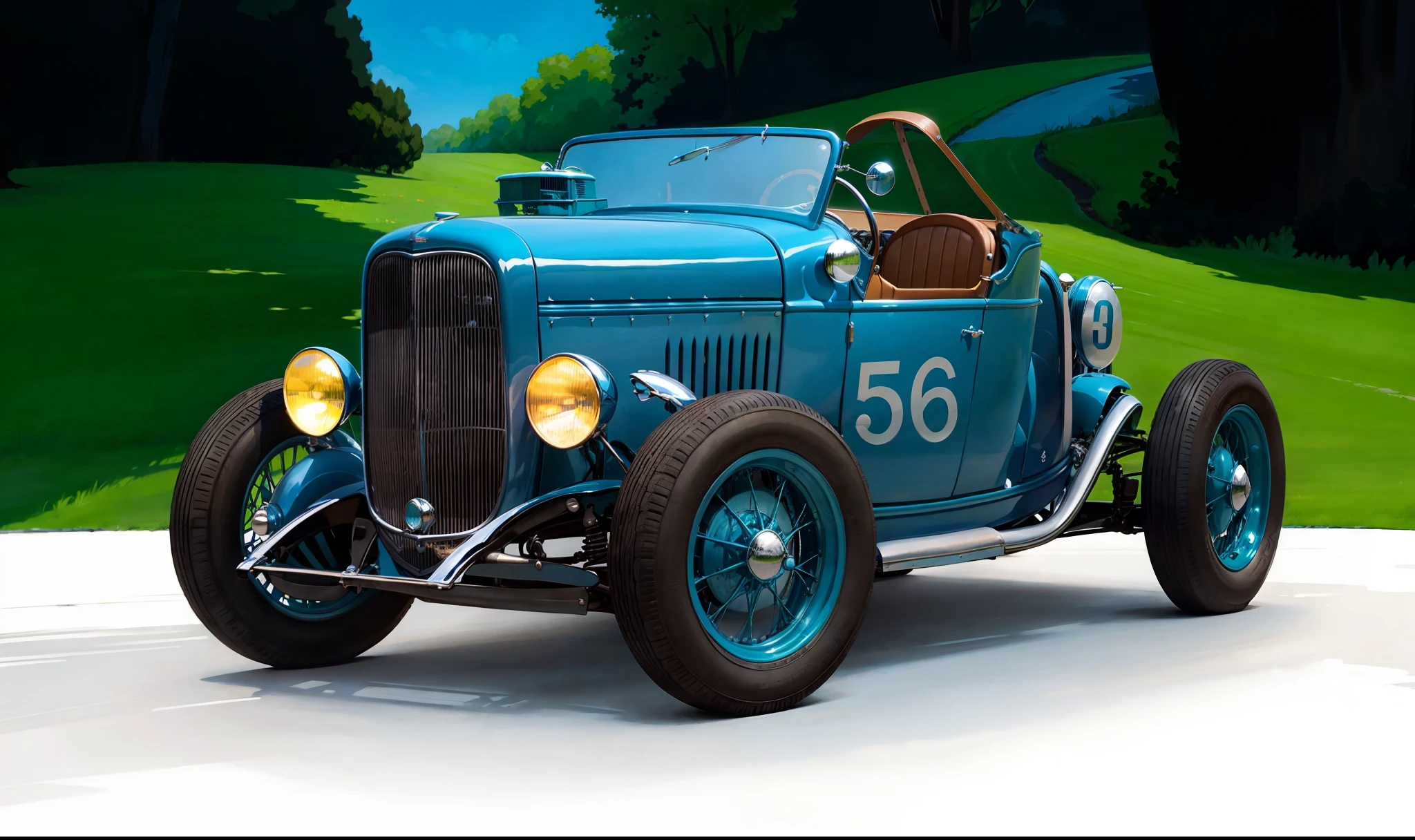 Beautiful blue 1932 Ford car in front of a lawn surrounded by greenery and a blue sky in the background