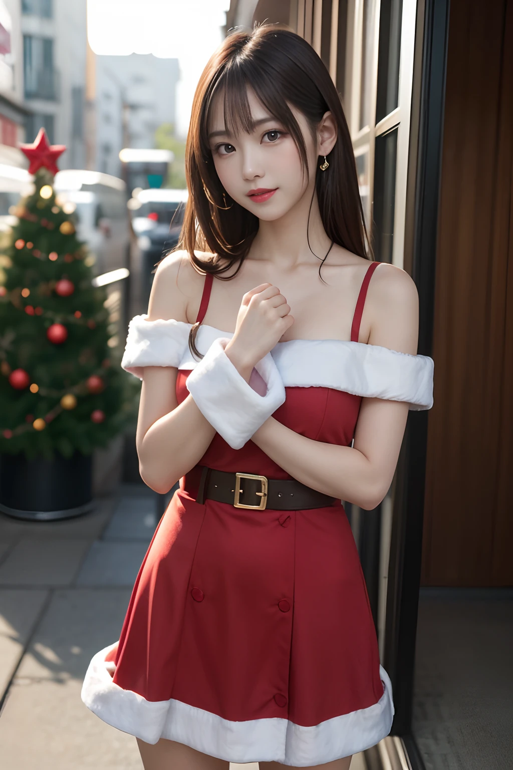 White see-through blouse,Face Interview, (Photo Real:1.4), (hyper realisitic:1.4), (realisitic:1.3), (Smooth lighting:1.05), (Improve video lighting quality:0.9), 1womanl, (An 18-year-old woman:1.2), Realistic lighting, Back lighting, Facial light, raytrace, (cheerfulness:1.2), (Improved image quality:1.4), (Finest Real Textured Skins), finely eye, a small face, Red cheeks, skinny body, medium-breasted pointed jaws,,,,,,,,,,,,,,, Japan idol system, Nogizaka Idol, glowy skin, hposing Gravure Idol, P, Blunt bangs, light brown hair, hair behind ear, hair over shoulder, Long hair,Tear bag,Christmas Tree in the City、(Santa Cos:1.3)、full body Esbian、sexypose、great joy:1.2、kawaii:1.2、