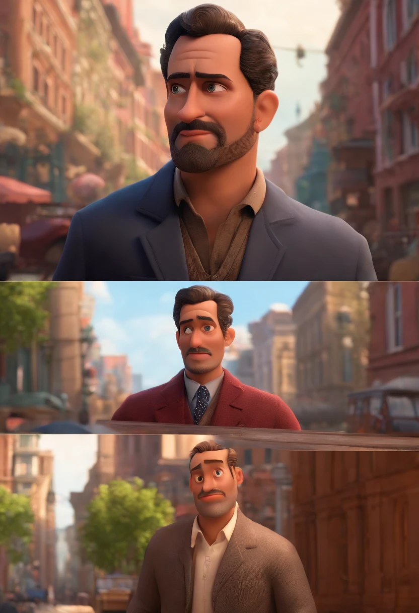 A city councilman looking at a dream project inspired by Pixar animation, de perto. The character takes center stage with captivating facial expressions, oferecendo um toque de irrealidade