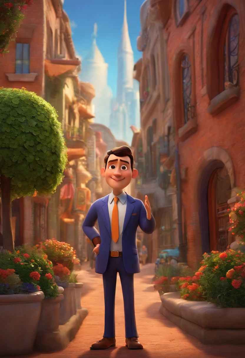 A city councilman looking at a dream project inspired by Pixar animation, de perto. The character takes center stage with captivating facial expressions, oferecendo um toque de irrealidade