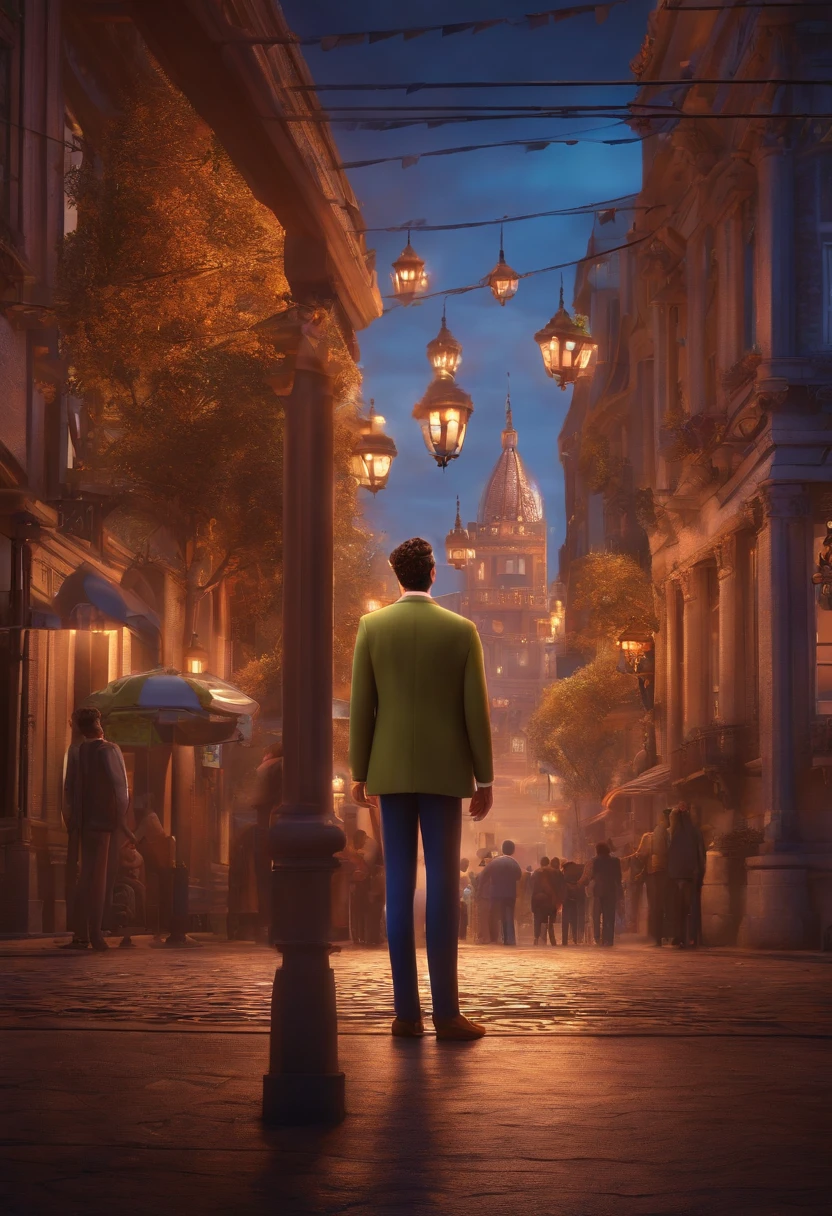 A city councilman looking at a dream project inspired by Pixar animation, de perto. The character takes center stage with captivating facial expressions, oferecendo um toque de irrealidade