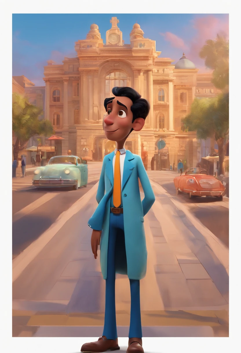 A city councilman looking at a dream project inspired by Pixar animation, de perto. The character takes center stage with captivating facial expressions, oferecendo um toque de irrealidade