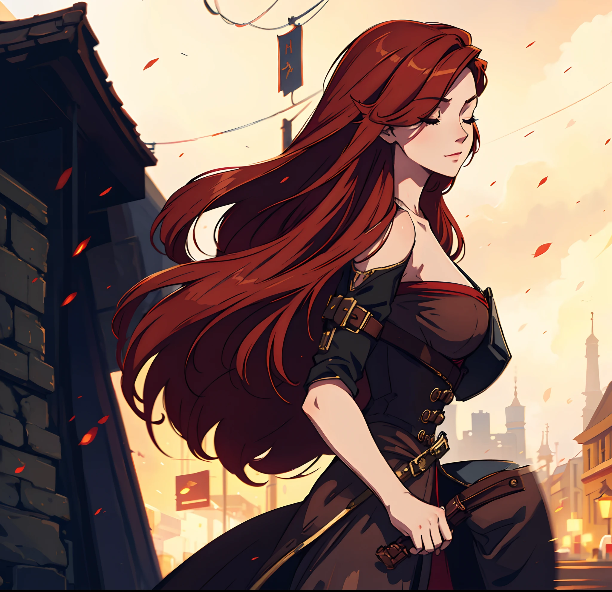 1 Sensual Red-Haired Woman Walking Down the Street Happy Expression Eyes Closed Night Background Steampunk An Art for an RPG ((Very detailed strokes))