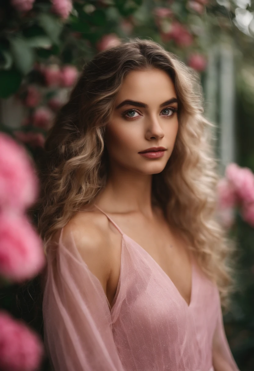 Uma jovem 19 anos , branca do cabelo liso e longos , sentada em uma cozinha rosa dos olhos castanhos escuros