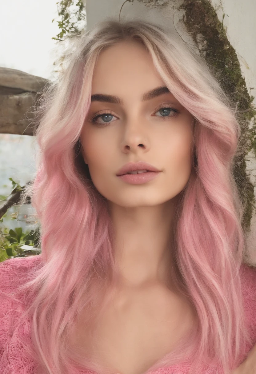 Uma jovem 19 anos , branca do cabelo liso e longos , sentada em uma cozinha rosa  dos olhos castanhos escuros