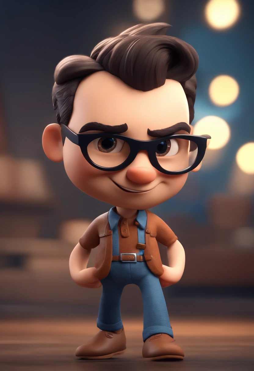 Cartoon character of a man with black glasses, cabelo cacheado marrom escuro e uma camisa azul, animation character, Caractere estilizado, animation style rendering, 3D estilizado, Arnold Maya render, 3 d render stylized, toon render keyshot, Personagem 3D, Personagem 3D, 3d rendering stylized, 3 d character render, personagem de desenho animado, Personagem de close up, Pose de personagem, (Estilo Pixar) (master part:1.2) (Bokeh) (best quality) (pele detalhada) (textura detalhada) (8k) (argila) (Cinematic lighting) (foco nítido