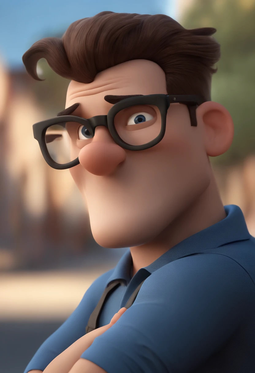 Cartoon character of a man wearing black glasses and a blue shirt, um personagem animado, Caractere estilizado, animation style rendering, 3D estilizado, Arnold Maya render, 3 d render stylized, toon render keyshot, Personagem 3D, Personagem 3D, 3d rendering stylized, 3 d character render, personagem de desenho animado, Personagem de close up, Pose de personagem, (Estilo Pixar) (master part:1.2) (Bokeh) (best quality) (pele detalhada) (textura detalhada) (8k) (argila) (Cinematic lighting) (foco nítido，Senta e vaza a parte superior do corpo