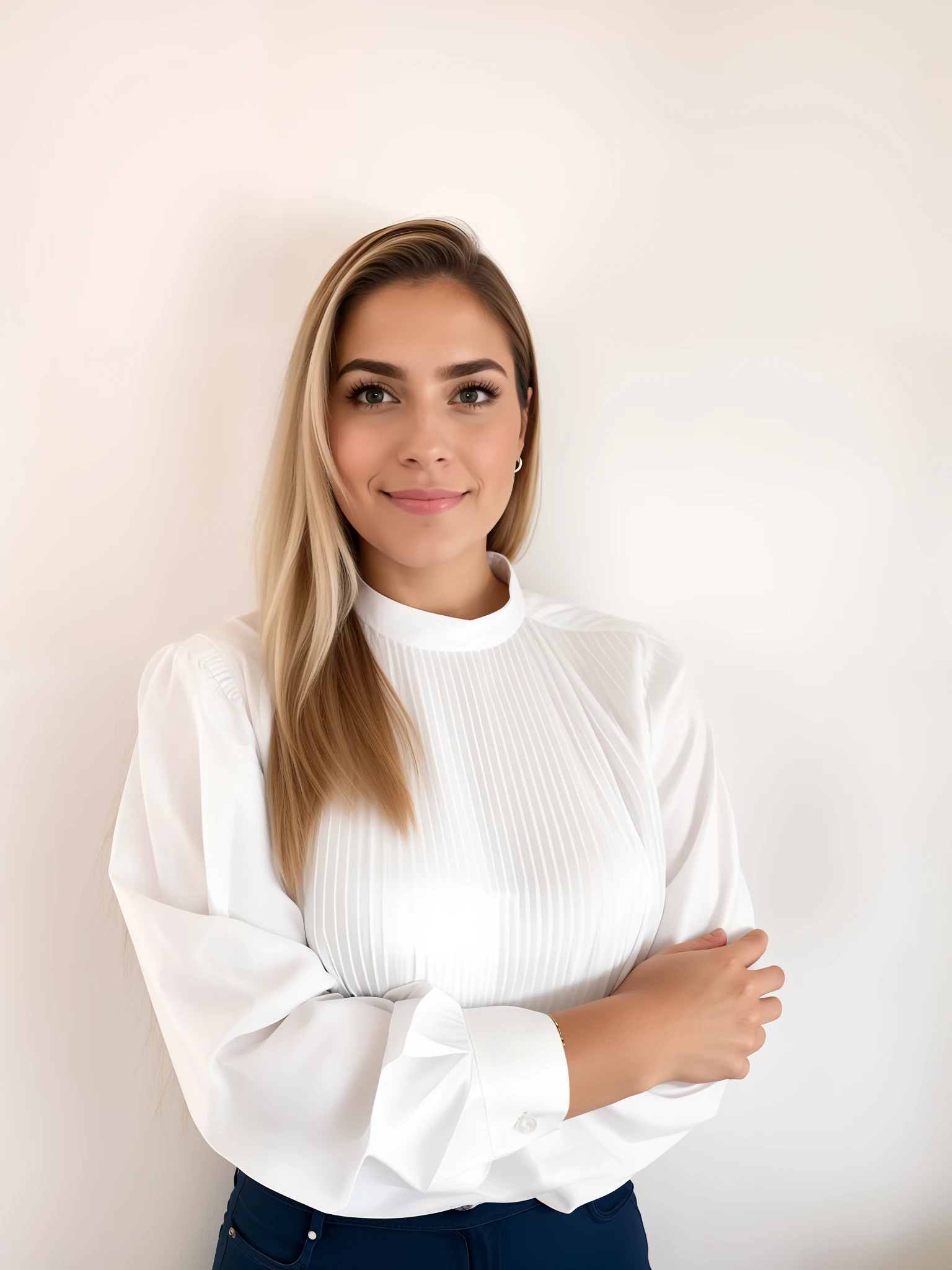 There's a woman standing with her arms crossed and a white shirt, usar o rosto da imagem que irei enviar. restante use a imagens pedidada. usar.