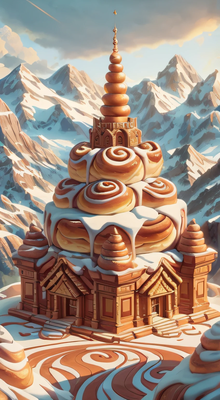 Cinnamon Bun Style, a mountain top temple bathed in golden enchanted light, (Masterpiece:1.3) (best quality:1.2) (high quality:1.1), detailed digital painting, fantasy bakery, 4k highly detailed digital art