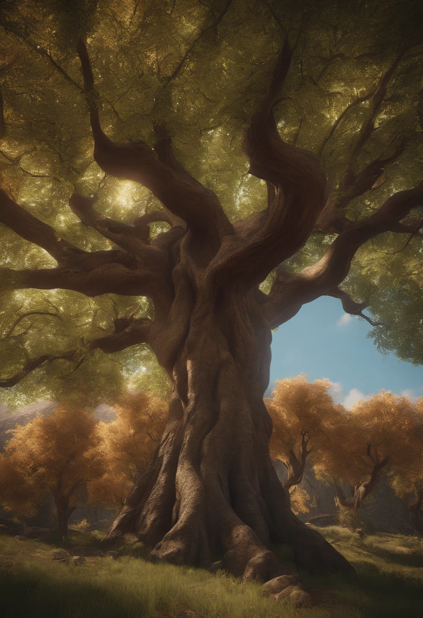 Zebaoth, giant epic fantasy tree, Montanhas enormes, cinematic lens, wide-angle view, Realistic, skins detalhadas, 8k, trending on ArtStation, liso, 3D Animation --AR 2:1 --v 5 --q 2 --s 750