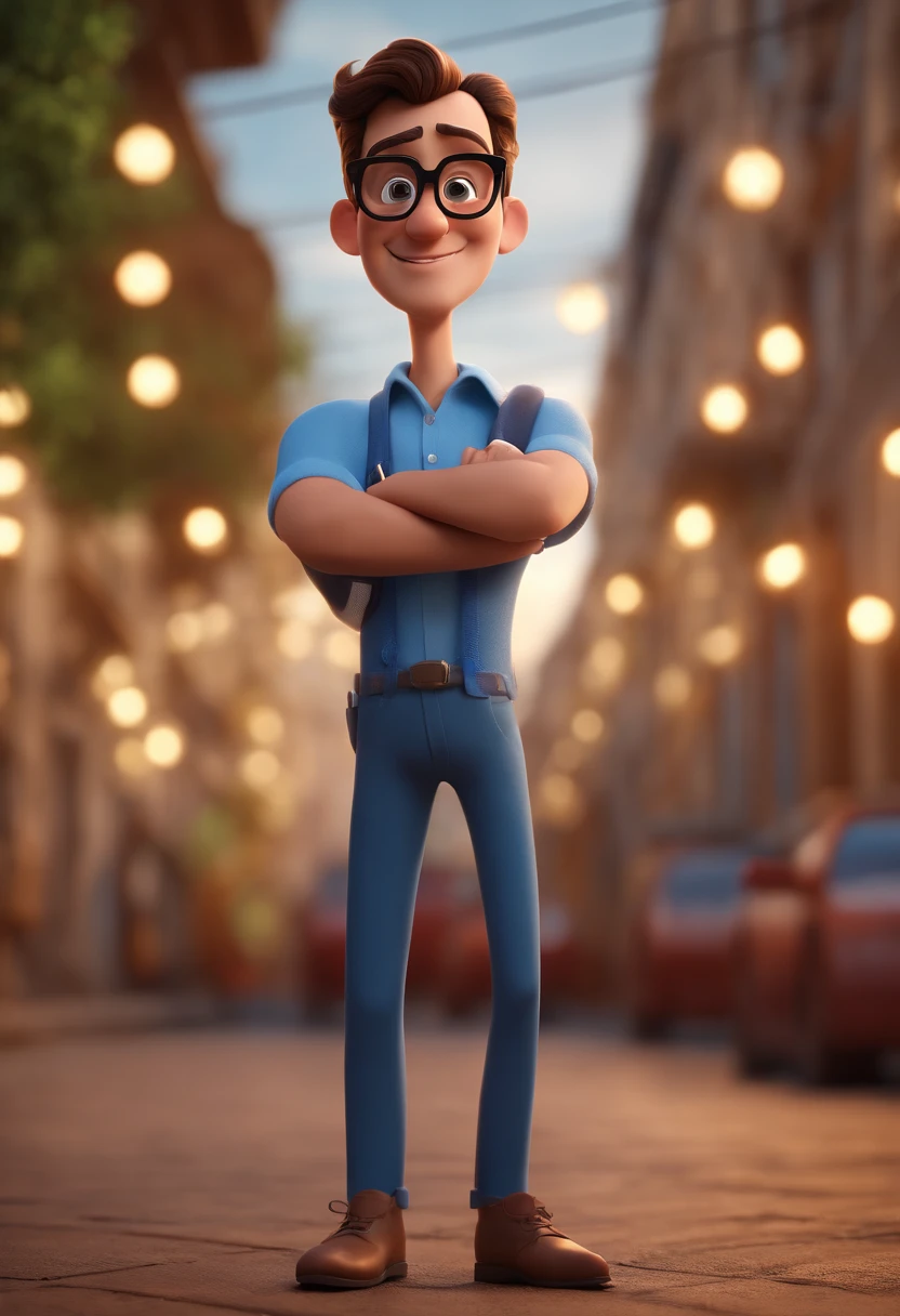 Cartoon character of a man with black glasses and a blue shirt, animation character, Caractere estilizado, animation style rendering, 3D estilizado, Arnold Maya render, 3 d render stylized, toon render keyshot, Personagem 3D, Personagem 3D, 3d rendering stylized, 3 d character render, personagem de desenho animado, Personagem de close up, Pose de personagem, (Estilo Pixar) (master part:1.2) (Bokeh) (best quality) (pele detalhada) (textura detalhada) (8k) (argila) (Cinematic lighting) (foco nítido