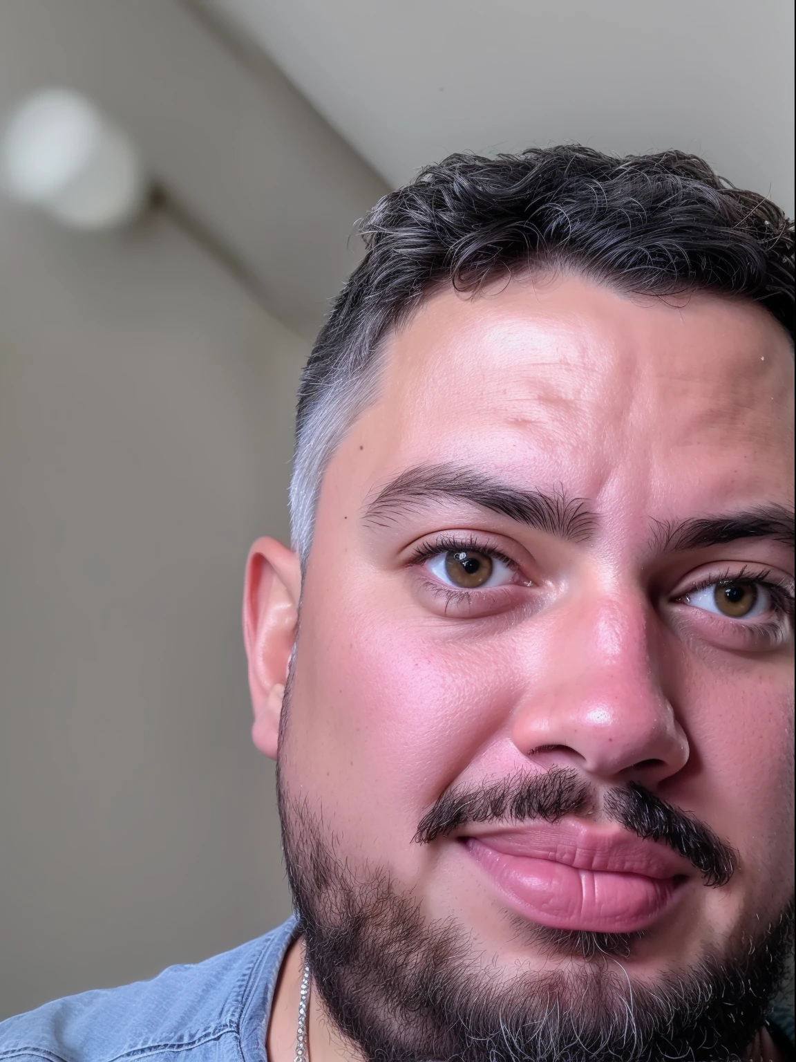 there is a man with a beard and a necklace on, Retrato tirado 8 K, shot with sony alpha 1 camera, rosto completo close up retrato, Tiro na Canon EOS R 5, Tiro na Canon EOS R5, uma foto de um homem, Fotografia selfie 8k, retrato de rosto completo, foto de um homem, full - rosto close - retrato para cima