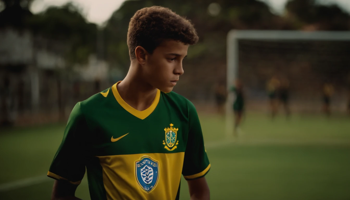 Um menino de 16 anos moreno forte sonhador, jogador de futebol do Brasil