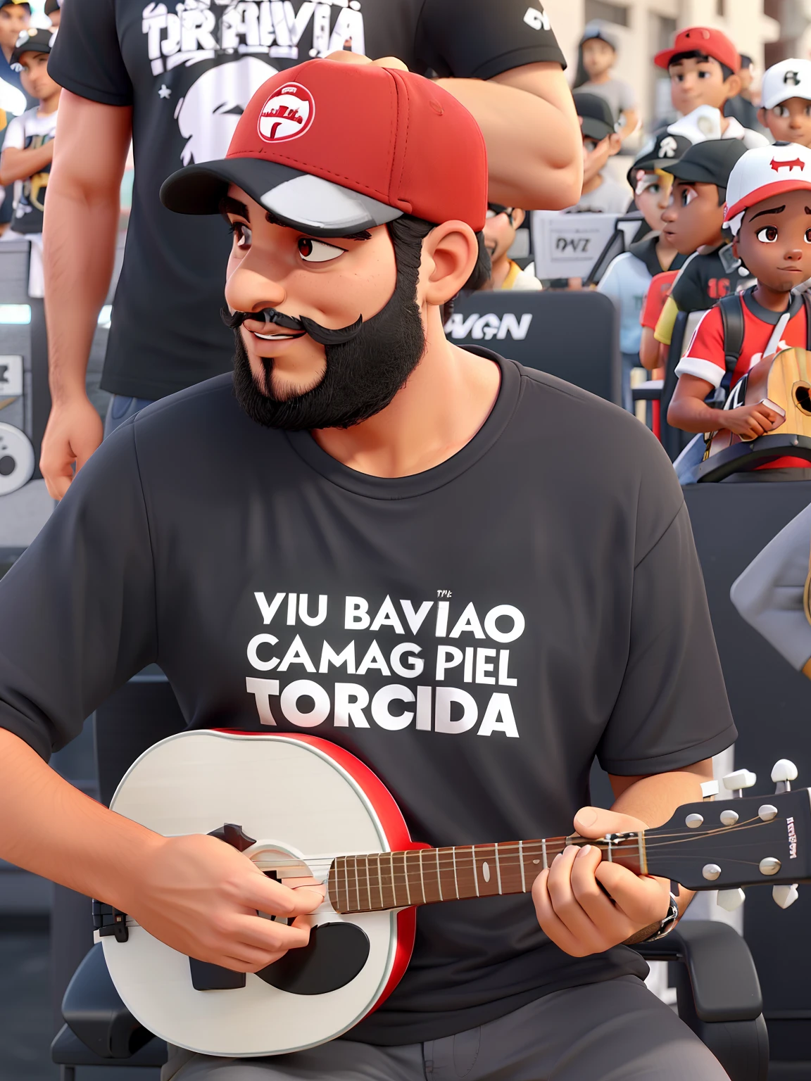 Um rapaz de barba preta tocando cavaquinho, in a red cap, do Corinthians, with a black t-shirt written I'M A HAWK OF THE MOST FAITHFUL CROWD.