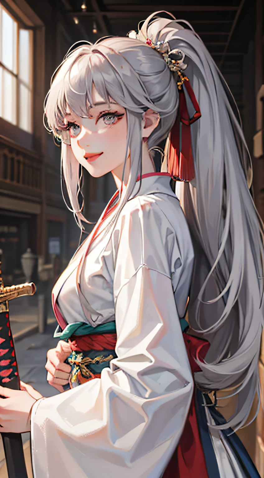 Young tall woman, long gray hair, pink eyes, high ponytail, hanfu, sword , smile, herons, masterpiece, high quality