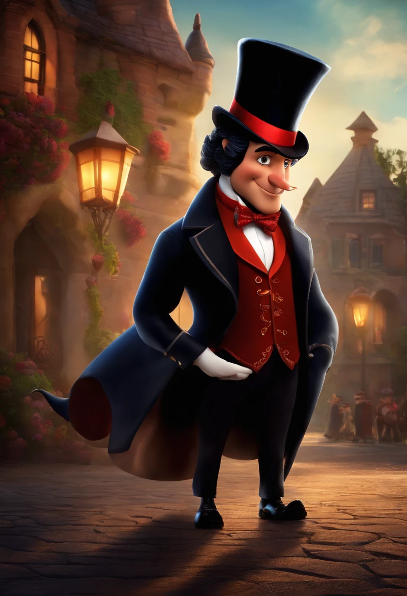 Um filme inspirado na Disney Pixar (MENINO NEGRO JOVEM COM CABELO LONGO CACHEADO PRETO E OLHOS PRETOS) dentro A cena estar na arte distinta do estilo PIXAR, HE'S DRESSED IN THE CLOTHES OF A WINE MAGICIAN AND TOP HAT PRESTA AND HE'S IN A CIRCUS