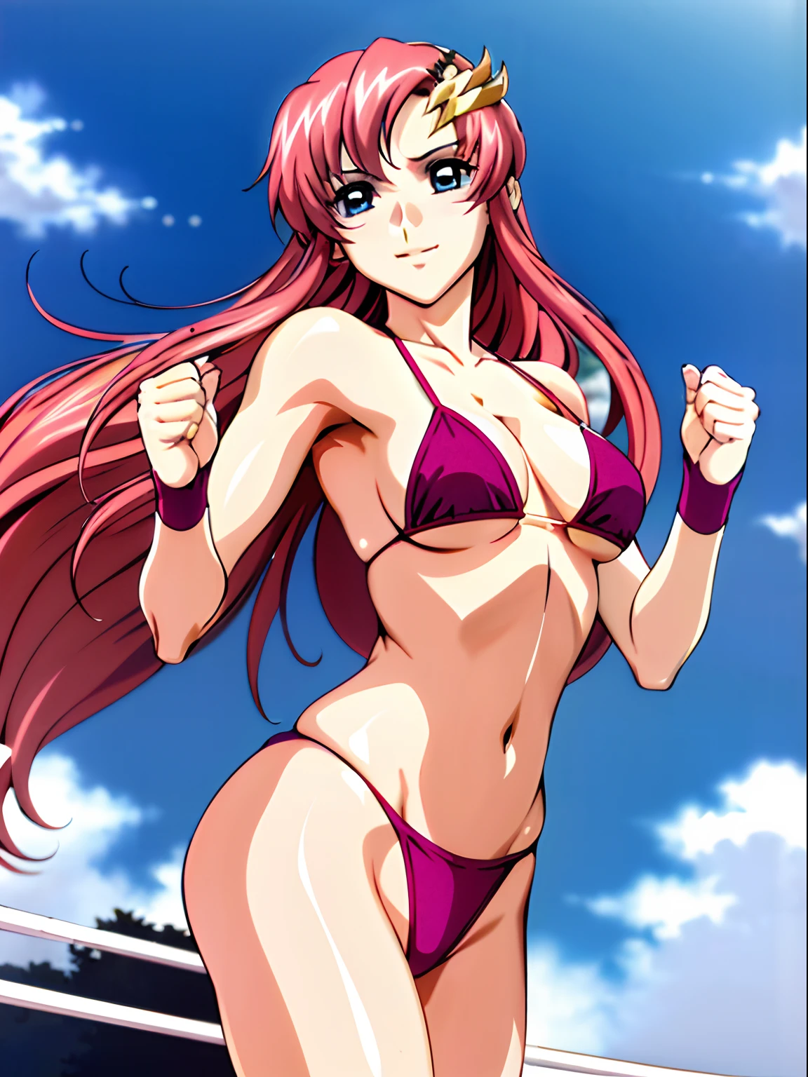 (masterpiece, far view, 4K, Best Quality, Anime style: 1.9,, Adult Woman, ultra detailed face, (cloud background, wrestling), Drawing lines, high resolution, Anime, lacus4), 1girl, Solo, curvy figure, very Long hair, 鎖骨, scapular, (Detailed wide hair bangs, Hair Ornament, Detailed reddish-pink hair, golden crest), cleavage, large hands, (female wrestler). (Big blue eyes, shiny eyes), ((female wrestler, little biceps, slender body, broad shoulders, closed fists)), ((perfect proportions, medium breasts, long belly)), (((micro bikini, pink wrestling gear, champion))), happy, smile, , (belly dancing, looking at the viewer), , showing off underarm, (elegant lady), microphone,