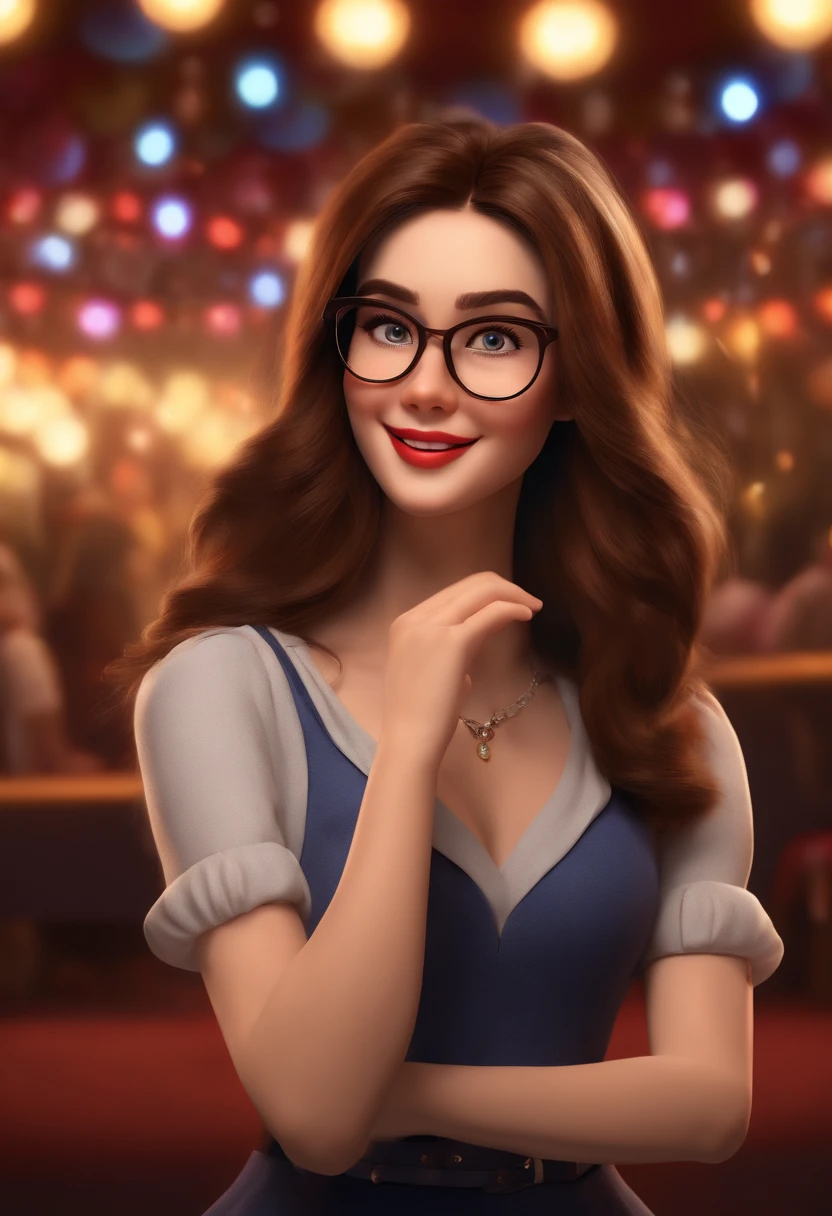 "(best quality,ultra-detailed,realistic:1.37),3d rendering,illustration,character design,long straight brown hair,beautiful detailed eyes,wearing glasses,Pixar style,brunette woman,dancing on Disney stage,lively atmosphere ,vivid colors,stage lights,cheerful expression"