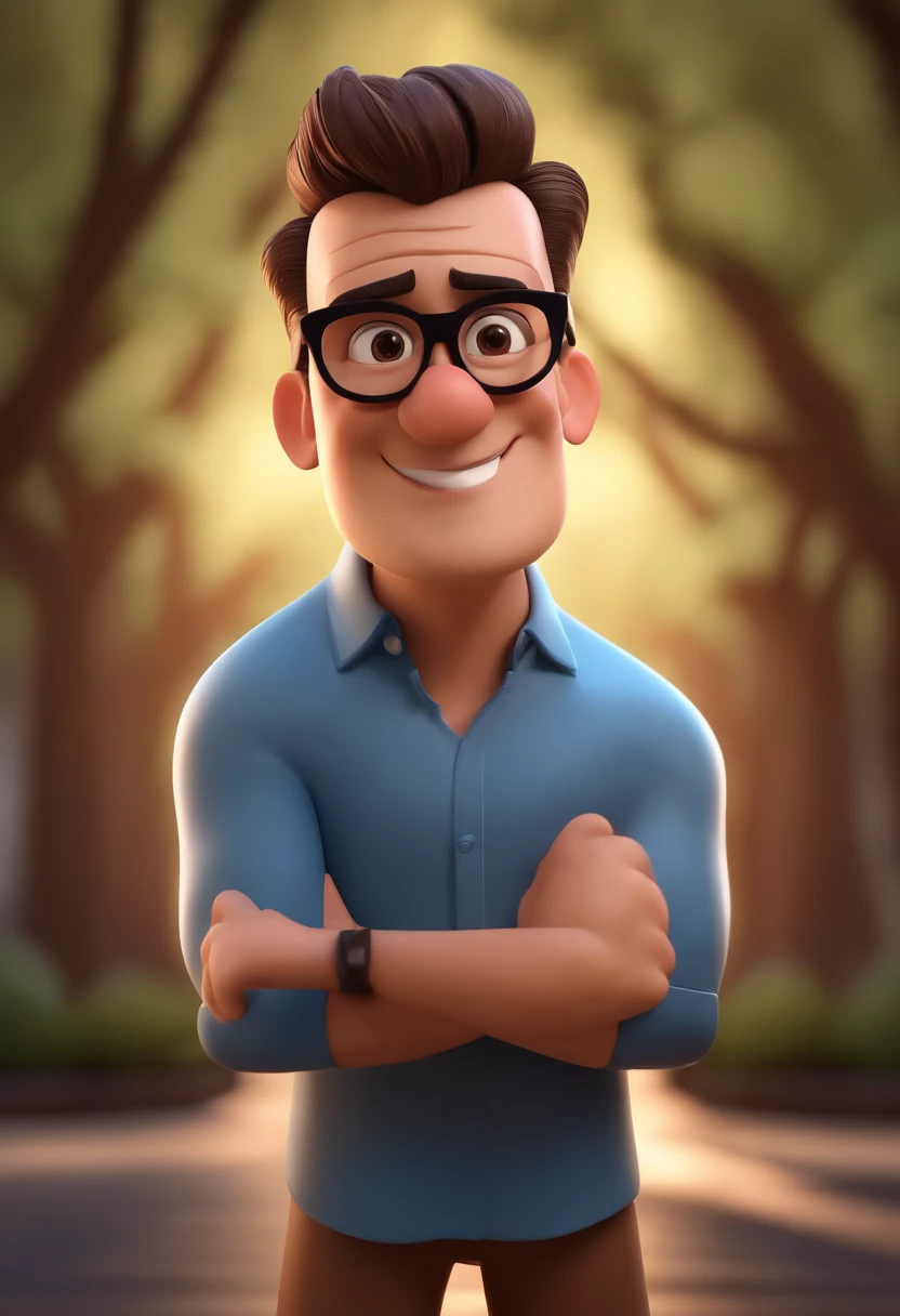 Cartoon character of a man with black glasses, cabelo cacheado marrom escuro e uma camisa azul, animation character, Caractere estilizado, animation style rendering, 3D estilizado, Arnold Maya render, 3 d render stylized, toon render keyshot, Personagem 3D, Personagem 3D, 3d rendering stylized, 3 d character render, personagem de desenho animado, Personagem de close up, Pose de personagem, (Estilo Pixar) (master part:1.2) (Bokeh) (best quality) (pele detalhada) (textura detalhada) (8k) (argila) (Cinematic lighting) (foco nítido
