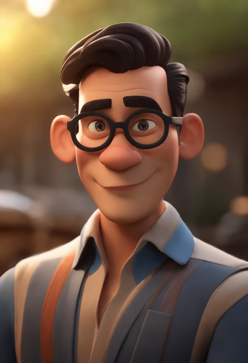 Cartoon character of a man with black glasses, cabelo cacheado marrom escuro e uma camisa azul, animation character, Caractere estilizado, animation style rendering, 3D estilizado, Arnold Maya render, 3 d render stylized, toon render keyshot, Personagem 3D, Personagem 3D, 3d rendering stylized, 3 d character render, personagem de desenho animado, Personagem de close up, Pose de personagem, (Estilo Pixar) (master part:1.2) (Bokeh) (best quality) (pele detalhada) (textura detalhada) (8k) (argila) (Cinematic lighting) (foco nítido