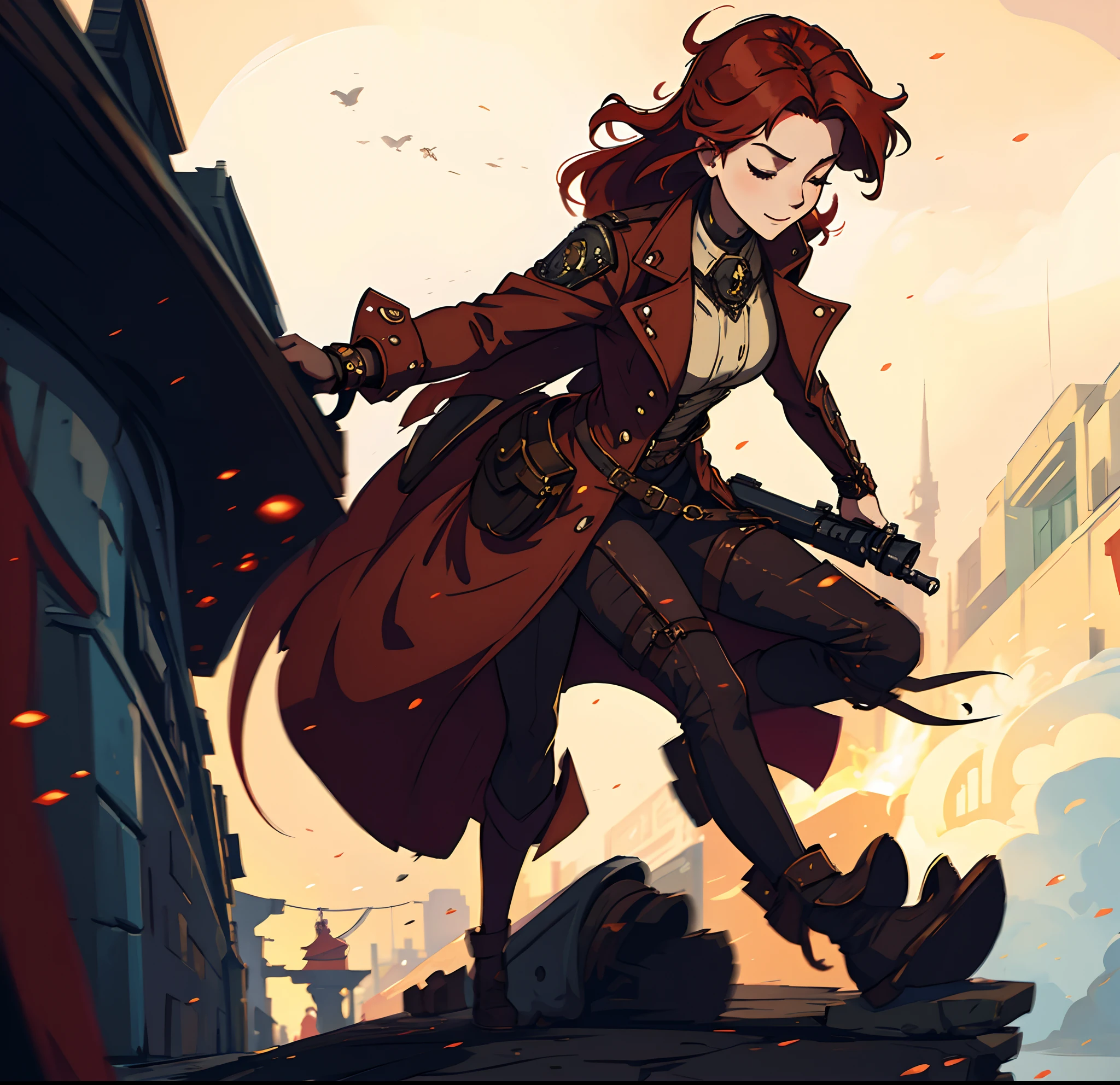 1 Sensual Red-Haired Woman Walking Down the Street Happy Expression Eyes Closed Night Background Steampunk An Art for an RPG ((Very detailed strokes))