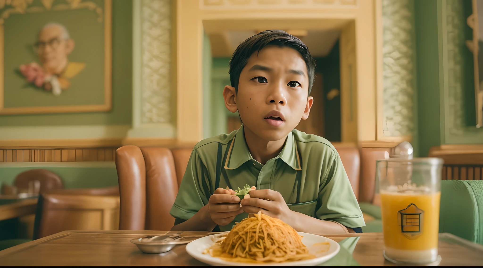 One malay boy eating nasi lemak at restaurant, realistic photography, Wes Anderson style, in the style of Grand Budapest Hotel directed by Wes Anderson , low saturation, Super 8mm lens, Low angle shot, High Contrast cinematography effect, Natural Lighting, Desaturate color grading, high quality, ultra detail, 8k resolution,