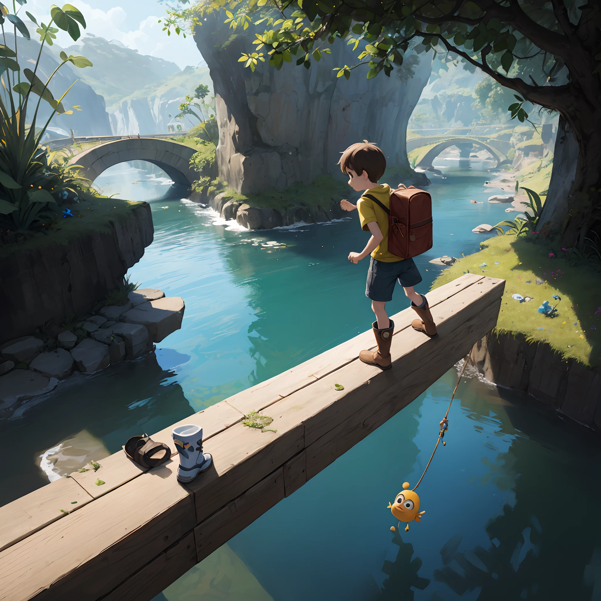 Criar uma imagem no estilo pixar bem fofo, de um menino louro de olhos azuis, Boots and shorts only, 2 anos de idade, escalando o barranco de um pequeno riacho
