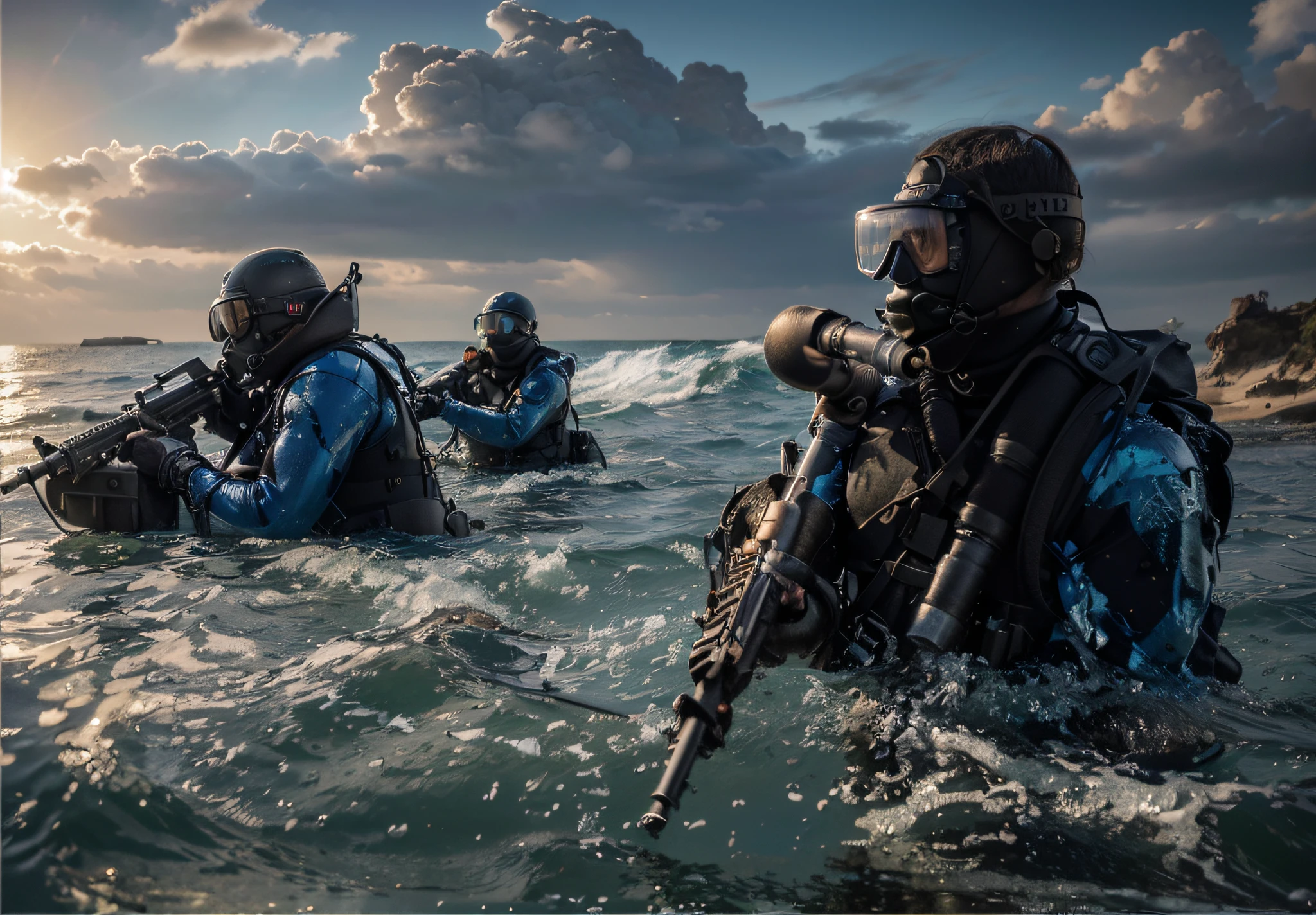 military with blue diving suit and black diving mask, Belt with ammunition, pipes, machine gun, Hand with black glove, Highly detailed hand, they are in the Sea, hyperrealistic beach explosions, Ultra detailed, hyperrealistic, 4k, Ultra detailed image, realistic , Highly detailed, perfect composition, gorgeous, Intricately detailed, incredibly detailed, Art photography 8K, hyper detailed, Masterpiece, Ultra detailed, hyper realistic, 4k, Ultra detailed image, realistic, Highly detailed, perfect composition, beautiful, intricately detailed, incredibly detailed, 8k fine art photography, hyper detailed, masterpiece