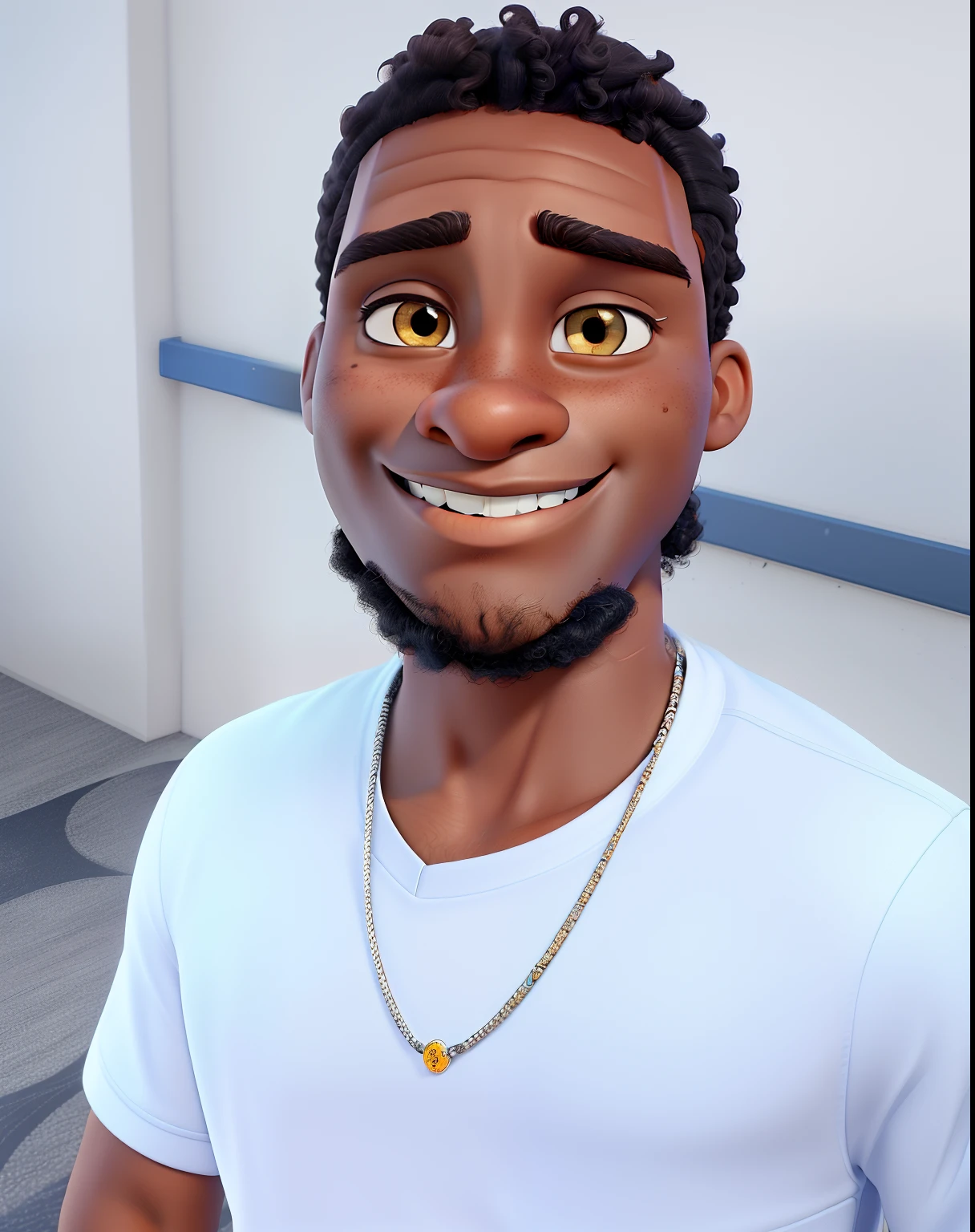 A dark-skinned man, Disney Pixar style, high quality, best quality, ultra-detailed, realistic:1.37, vibrant colors, vivid lighting, detailed facial features, curly hair, expressive eyes, smiling face, stylish attire, dynamic pose, engaging scenery