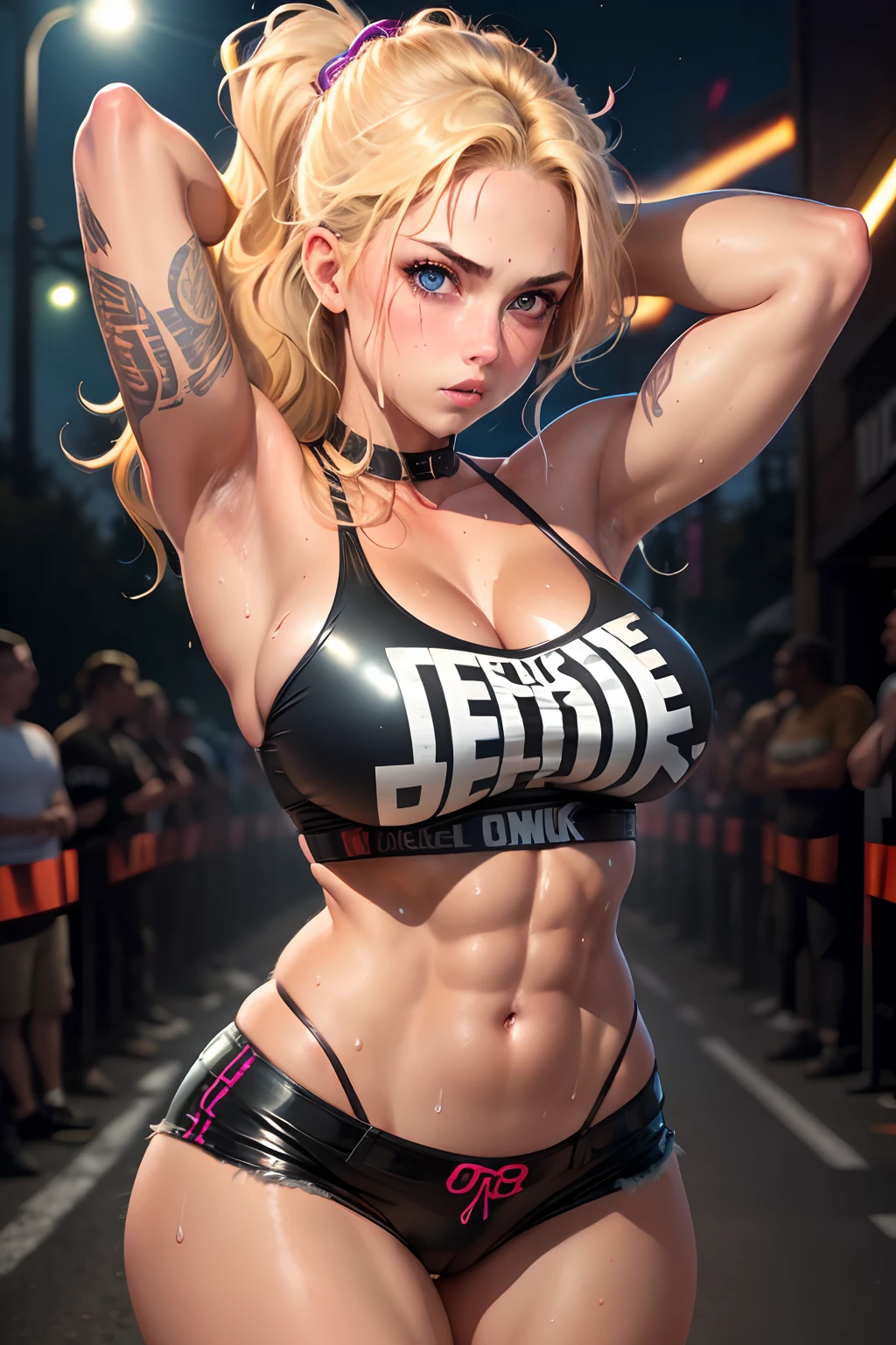 (1girl), large breasts, tan, dewy skin, sweaty skin, wavy blonde hair, punk tshirt, punk girl, abs, night, glowing eyes, latex