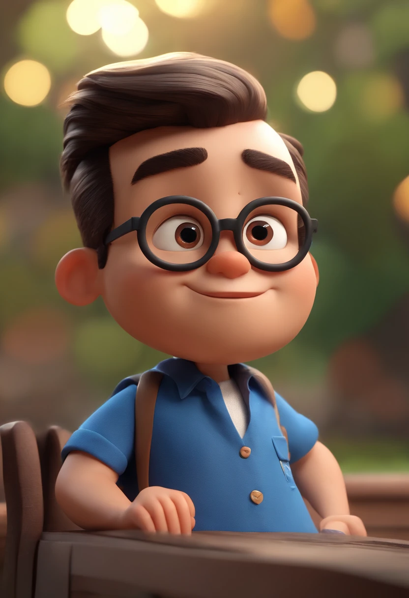 Cartoon character of a man wearing black glasses and a blue shirt, um personagem animado, Caractere estilizado, animation style rendering, 3D estilizado, Arnold Maya render, 3 d render stylized, toon render keyshot, Personagem 3D, Personagem 3D, 3d rendering stylized, 3 d character render, personagem de desenho animado, Personagem de close up, Pose de personagem, (Estilo Pixar) (master part:1.2) (Bokeh) (best quality) (pele detalhada) (textura detalhada) (8k) (argila) (Cinematic lighting) (foco nítido，Senta e vaza a parte superior do corpo