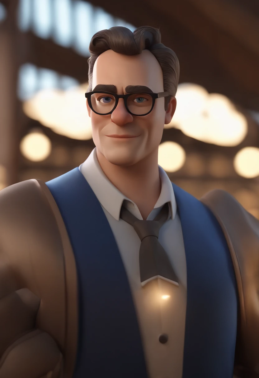 Cartoon character of a man wearing black glasses and a blue shirt, um personagem animado, Caractere estilizado, animation style rendering, 3D estilizado, Arnold Maya render, 3 d render stylized, toon render keyshot, Personagem 3D, Personagem 3D, 3d rendering stylized, 3 d character render, personagem de desenho animado, Personagem de close up, Pose de personagem, (Estilo Pixar) (master part:1.2) (Bokeh) (best quality) (pele detalhada) (textura detalhada) (8k) (argila) (Cinematic lighting) (foco nítido,Senta e vaza a parte superior do corpo