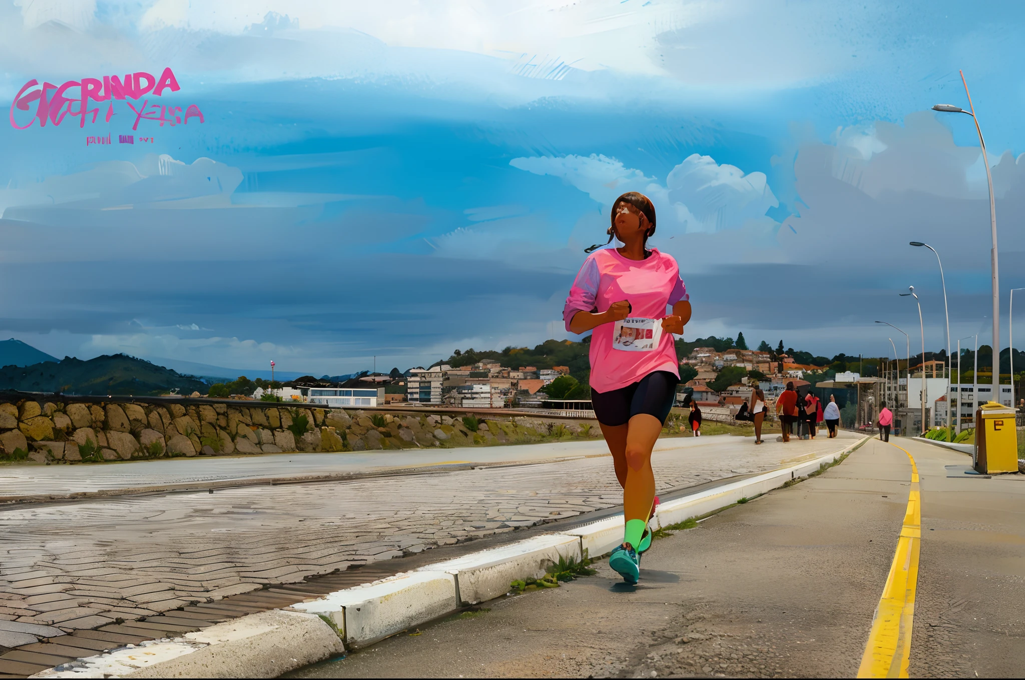 There's a woman jogging on a road in a pink shirt, Directed by: Nandor Soldier, Directed by: Márta Lacza, by Amelia Peláez, by Almada Negreiros, Caroline Gariba, Directed by: Xavier Blum Pinto, Jellyfish Santuário Maiden 8K, girl is running, by Gina Pellón, imagem de perfil, estilo outrun
