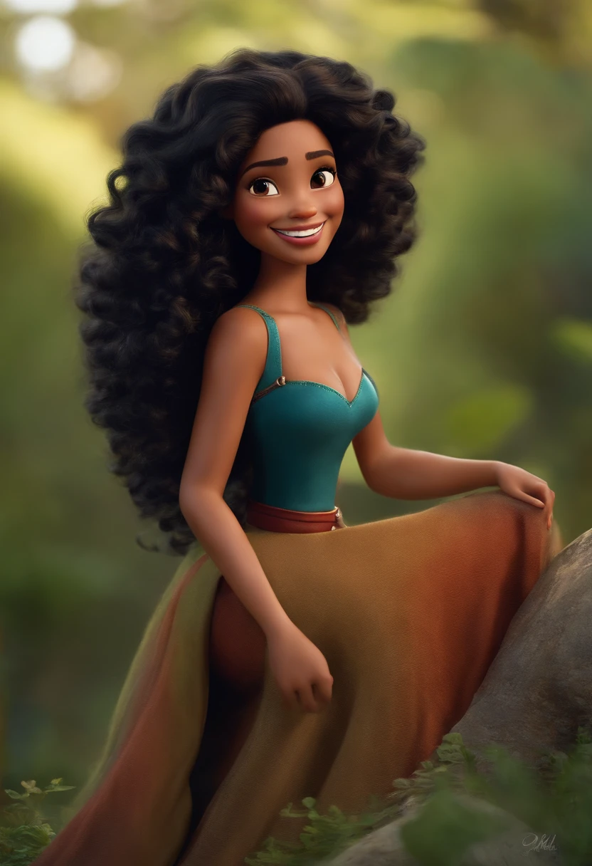 Mujer cabello negro rizado largo sonrisa amplia modelo Disney pixar