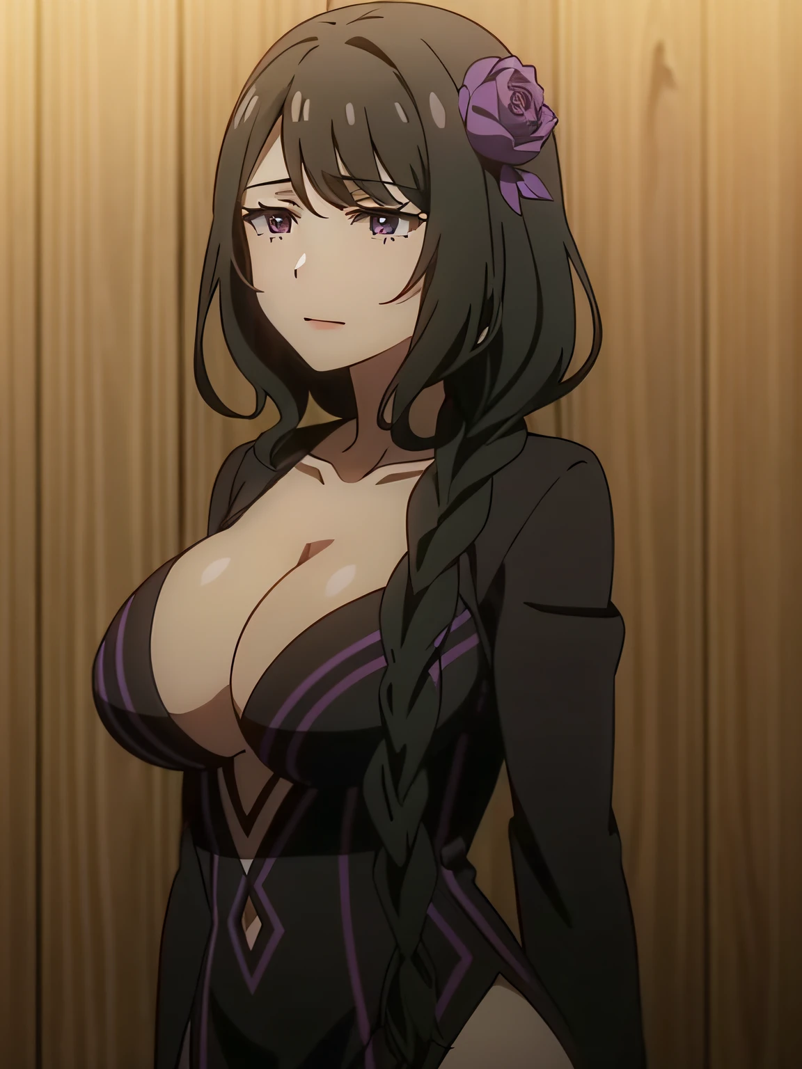 1girl,purple flower,hair flower,bangs,purple eyes,braid,mature female,makeup,eyelashes,hair over shoulder,black hair, black dress, large breasts, indoors, wooden walls, inn, anime screencap