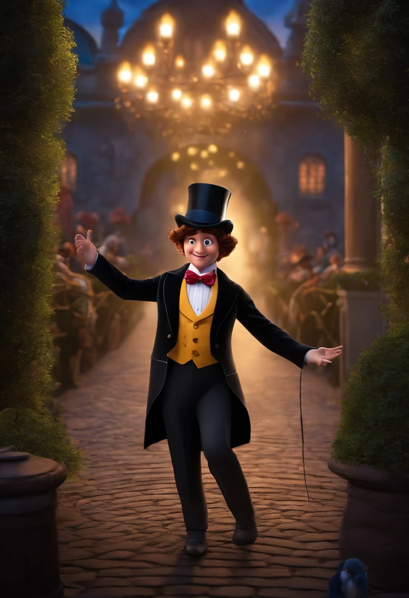 Um filme inspirado na Disney Pixar ( NEGRO JOVEM COM CABELO LONGO CACHEADO PRETO E OLHOS PRETOS) dentro A cena estar na arte distinta do estilo PIXAR, HE'S DRESSED IN THE CLOTHES OF A WINE MAGICIAN AND TOP HAT PRESTA AND HE'S IN A CIRCUS