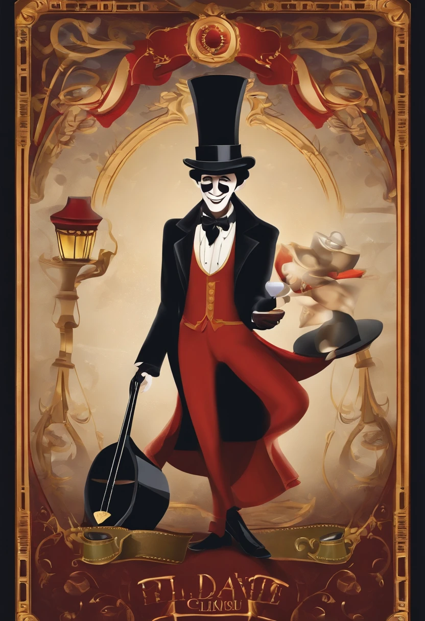 Um filme inspirado na Disney Pixar (MENINO NEGRO JOVEM COM CABELO LONGO CACHEADO PRETO E OLHOS PRETOS) dentro A cena estar na arte distinta do estilo PIXAR, HE'S DRESSED IN THE CLOTHES OF A WINE MAGICIAN AND TOP HAT PRESTA AND HE'S IN A CIRCUS