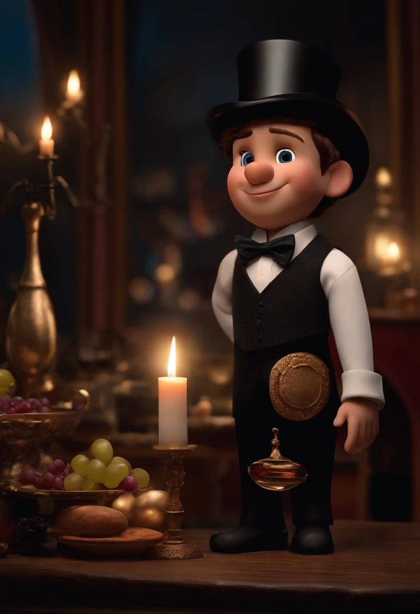 Um filme inspirado na Disney Pixar ( NEGRO JOVEM COM CABELO LONGO CACHEADO PRETO E OLHOS PRETOS) dentro A cena estar na arte distinta do estilo PIXAR, HE'S DRESSED IN THE CLOTHES OF A WINE MAGICIAN AND TOP HAT PRESTA AND HE'S IN A CIRCUS