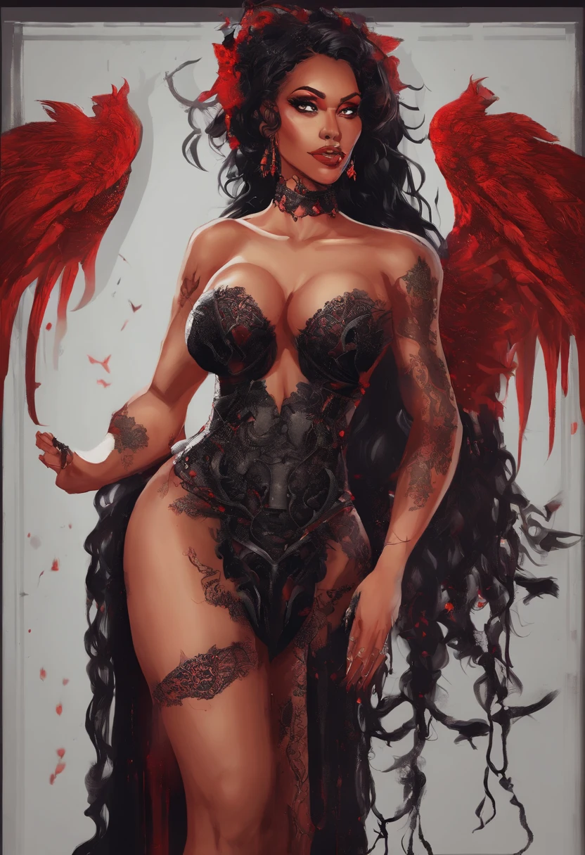 (best quality,4k,8k,Altas,master part:1.2),ultra-detalhado,(Realistic,fotorrealista,photo-realistic:1.37),Thicc succubus mama quente com longos cabelos pretos, intense black lips, vestindo uma roupa de couro preto reveladora adornada com elementos BDSM. Seu traje consiste em um bustier sedutor, acentuando sua figura voluptuosa. Her skin is a captivating shade of fiery red, Exuding a demonic allure. Elegantly sprouting from his back are a pair of majestic demon wings, Exquisitely detailed with intricate patterns. Atop its head, ela possui chifres hipnotizantes, Exemplifying His Supernatural Presence. A obra de arte deve capturar sua aura sedutora, Showing Your Confidence and Power. A luz em cena deve enfatizar as curvas sedutoras de seu corpo, Casting Shadows and Dramatic Highlights. The color palette should evoke a sense of darkness and desire, com ricos tons contrastantes de preto, vermelho, e quilombolas profundos.