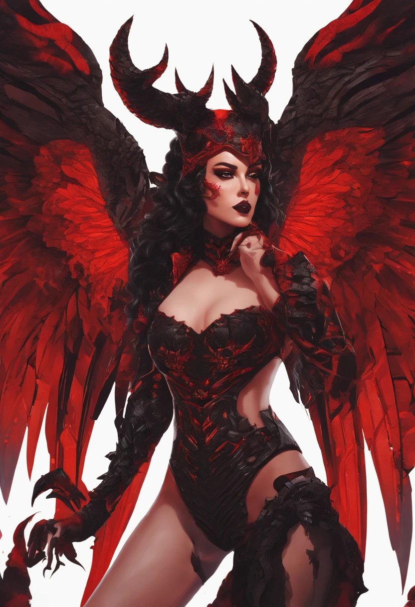 (best quality,4k,8k,Altas,master part:1.2),ultra-detalhado,(Realistic,fotorrealista,photo-realistic:1.37),Thicc succubus mama quente com longos cabelos pretos, intense black lips, vestindo uma roupa de couro preto reveladora adornada com elementos BDSM. Seu traje consiste em um bustier sedutor, acentuando sua figura voluptuosa. Her skin is a captivating shade of fiery red, Exuding a demonic allure. Elegantly sprouting from his back are a pair of majestic demon wings, Exquisitely detailed with intricate patterns. Atop its head, ela possui chifres hipnotizantes, Exemplifying His Supernatural Presence. A obra de arte deve capturar sua aura sedutora, Showing Your Confidence and Power. A luz em cena deve enfatizar as curvas sedutoras de seu corpo, Casting Shadows and Dramatic Highlights. The color palette should evoke a sense of darkness and desire, com ricos tons contrastantes de preto, vermelho, e quilombolas profundos.