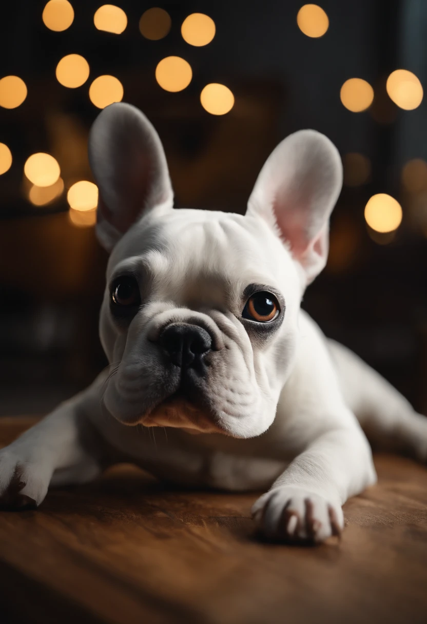 White French bulldog with half of face black (estilo pixar) (obra-prima:1.2) (bokeh) (melhor qualidade) (pele detalhada) (textura detalhada) (8k) (claymation) (cinematic lighthing) (foco nítido