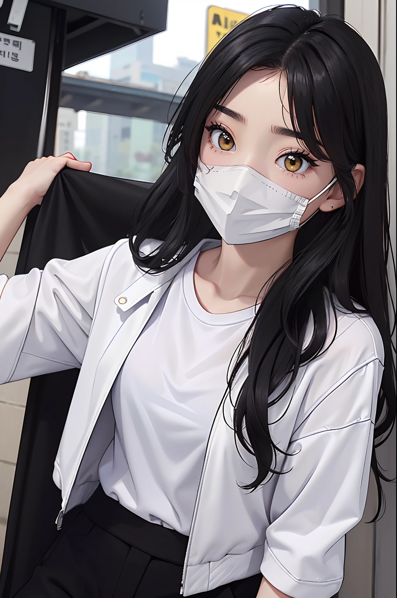 (4K works))、masterpiece、(top-quality)、shopping、Korean female、adult woman、((Adult 26 years old))、((Face similar to Hyunjin))、cool lady、tall、((Glaring expression))、((Sleepy face))、((Strong eyes))、((Wearing a white T-shirt and a black jacket、Wear long black pants))、((Wear a black mask))、((Smaller face))、Slim body、((How to endure a sales match))、((Cheeky way of standing))、((Bad girl))、((Black long-haired))、((Yellow eyes))、((shot from front))、((Looking down on the viewer))、((rearing))、((Shot alone))、((Solo Photography))